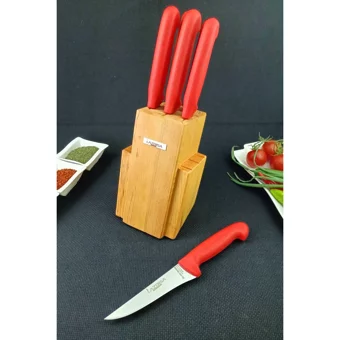 Lazbisa Bella Mutfak Bıçak Seti Kasap Restoran Standlı 6'lı Silver Seri S-0-1-2-3 - Krok Kırmızı