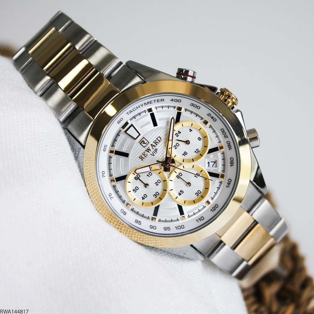 Reward RWA144817 Takvimli 42 mm Gri-Sarı Çelik Kordon Analog Erkek Kol Saati