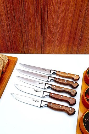 LAZBİSA Sürmene 5'li Mutfak Sebze Ekmek Bıçak Seti Ve Stant Takozu Ahşap Bıçaklık 6 Parça Çeyiz Seti