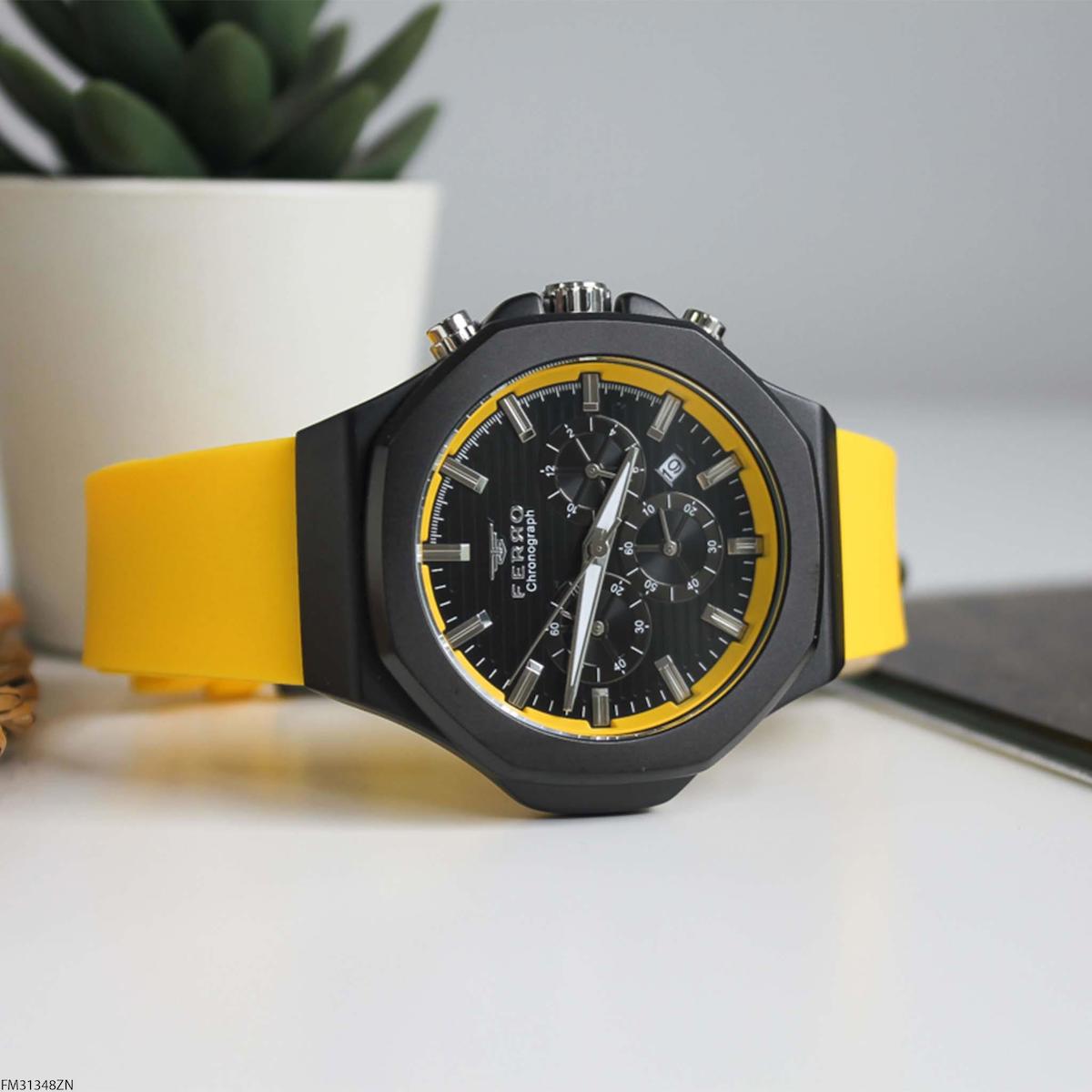 Ferro FM31348ZN Takvimli 47 mm Sarı Silikon Kordon Analog Erkek Kol Saati