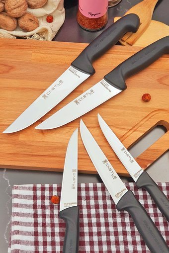 CASTLE KITCHEN Mutfak Bıçak Seti 5 Parça Sebze Meyve Doğrama Et Tavuk Balık Kesme Doğrama Bıçağı Silver Serisi