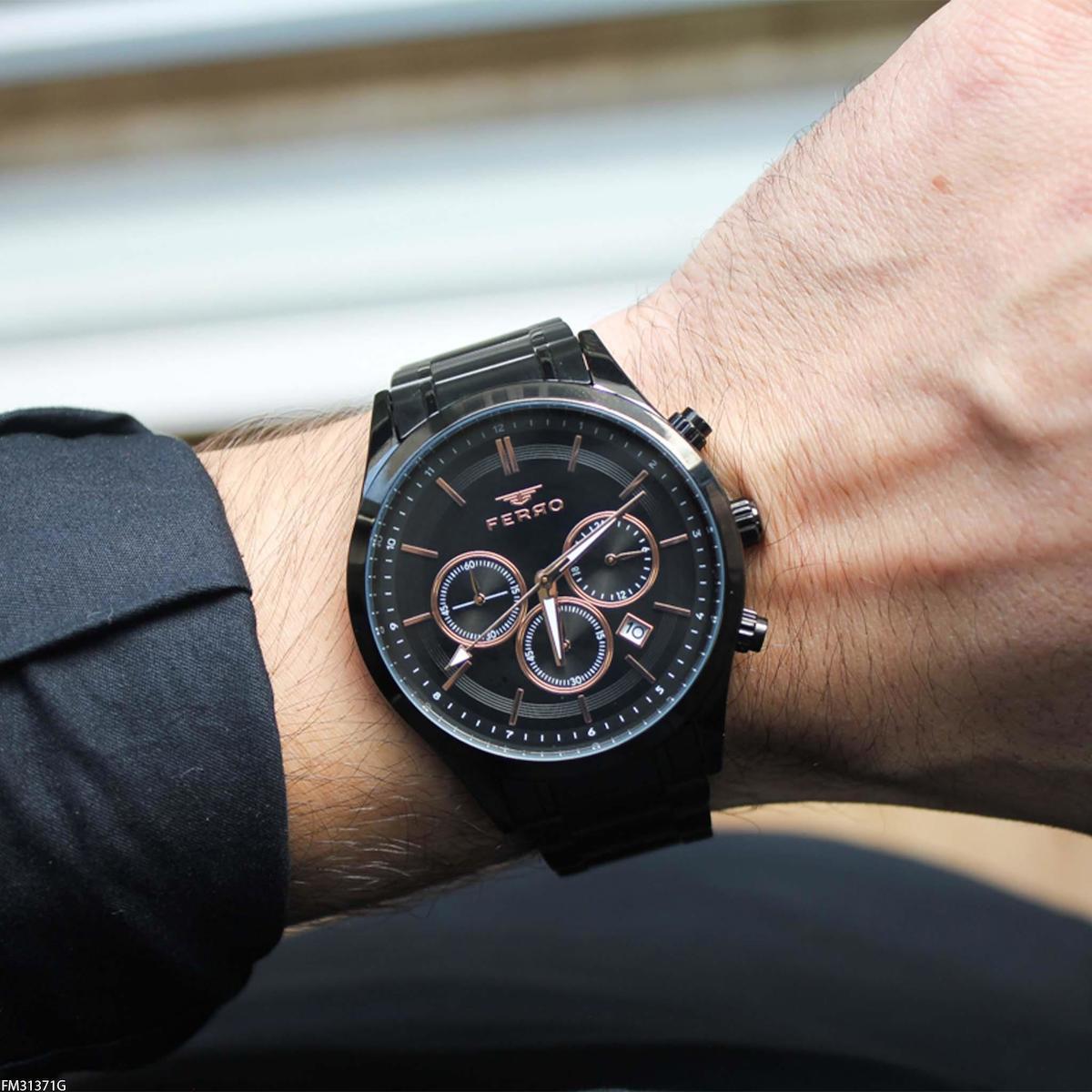 Ferro FM31371G Takvimli 44 mm Siyah Çelik Kordon Analog Erkek Kol Saati