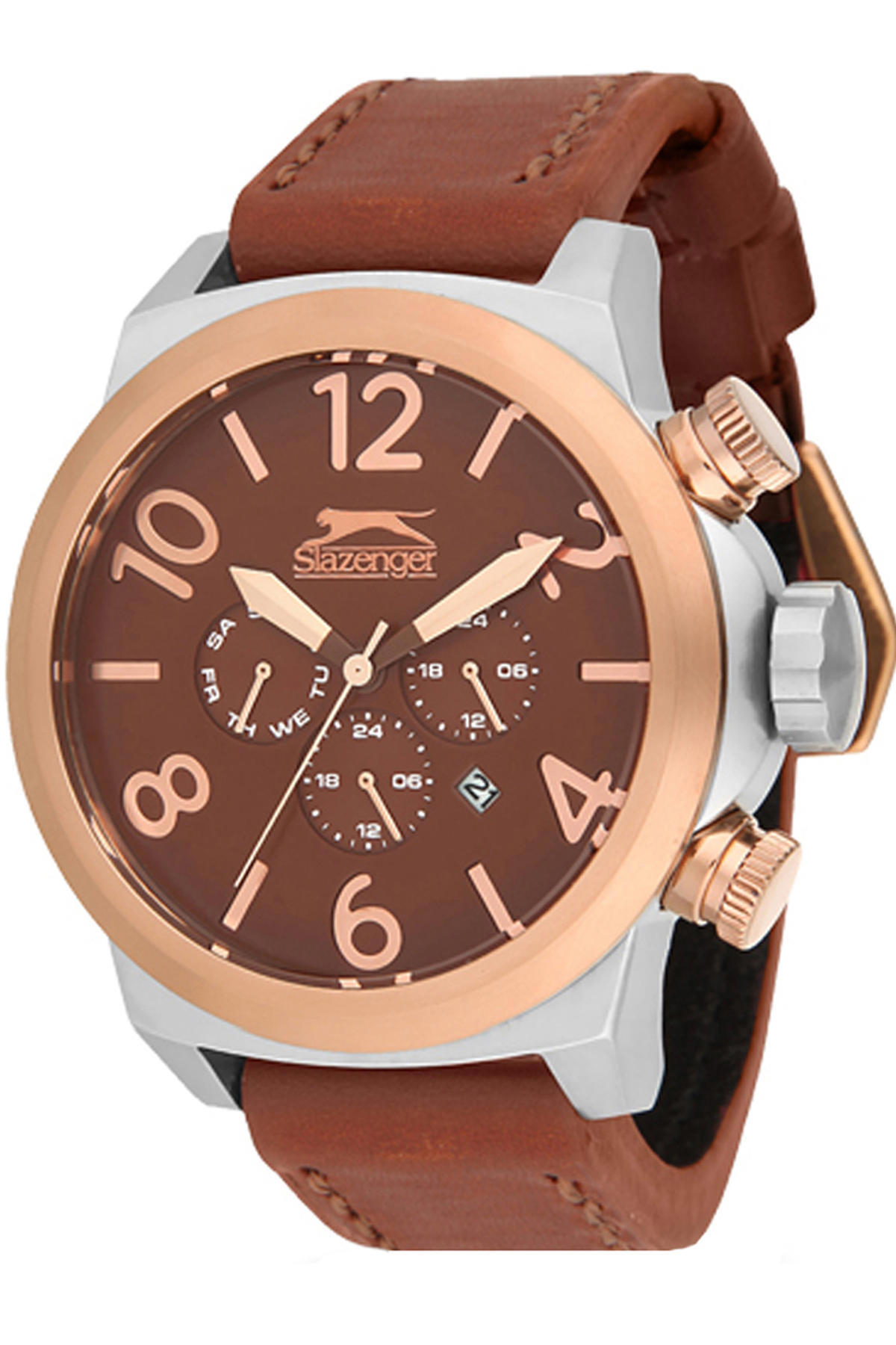 Slazenger SL.1038.05 Takvimli 45 mm Kahverengi Deri Kordon Analog Erkek Kol Saati