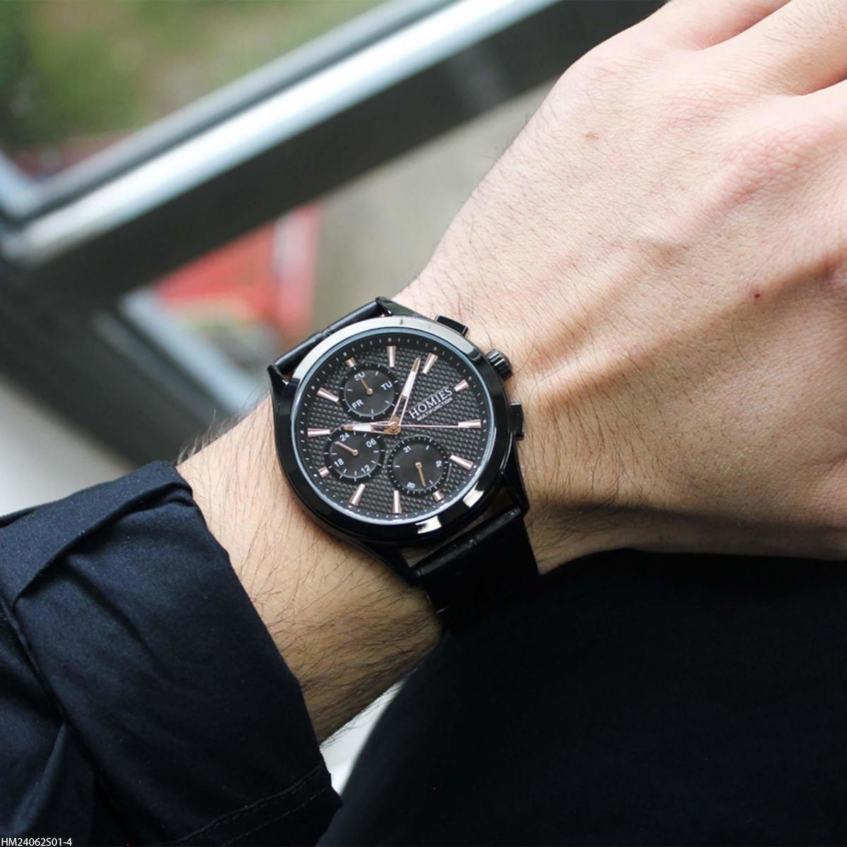 Homies HM24062S01-4 Pusulalı Takvimli 44 mm Siyah Deri Kordon Analog Erkek Kol Saati