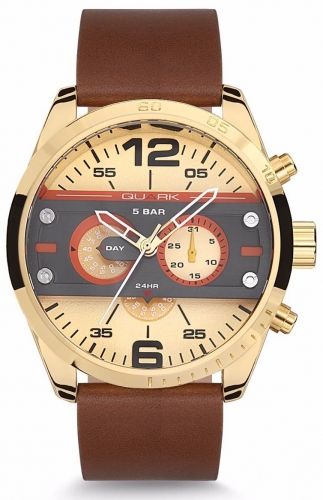 Quark QC-280G-9A Takvimli 34 mm Kahverengi Deri Kordon Analog Kol Saati
