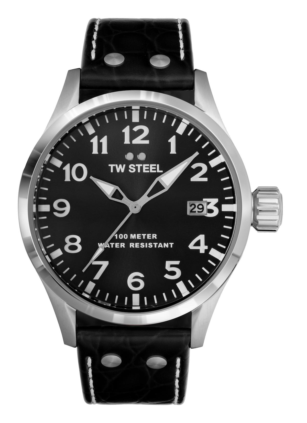 Tw Steel TW-VS100 Takvimli 45 mm Siyah Deri Kordon Analog Erkek Kol Saati