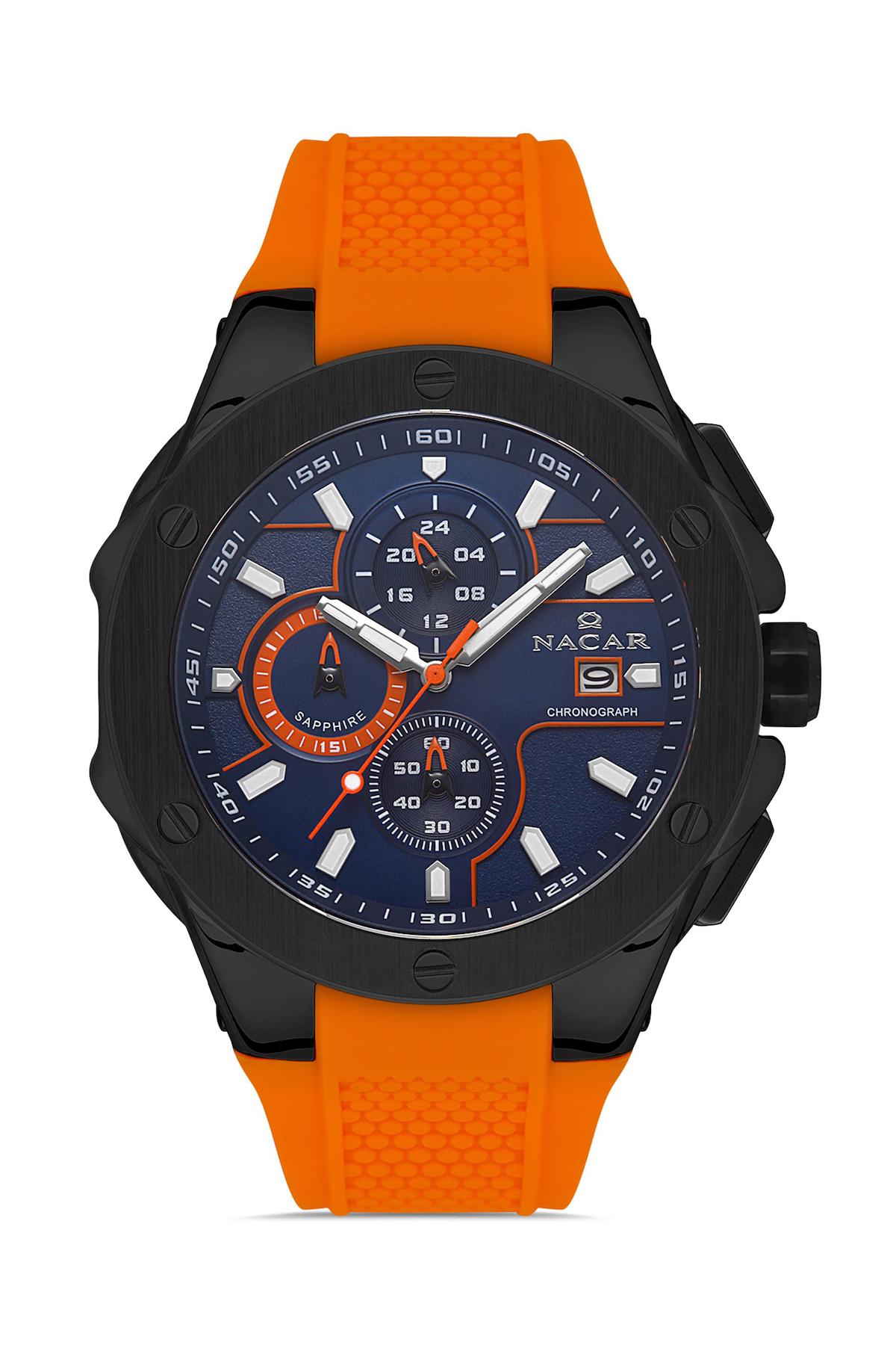 Nacar 3429B554BLS10 Takvimli 44 mm Turuncu Çelik Kordon Analog Kol Saati