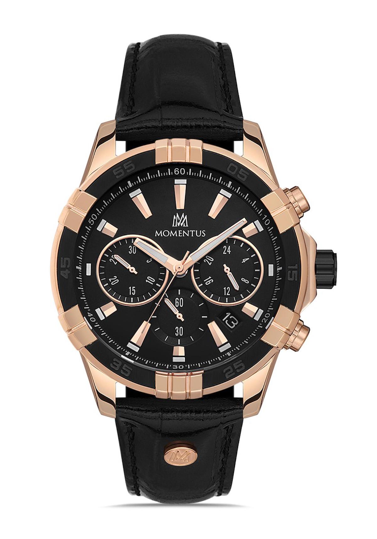 Momentus SM367T-04BR Takvimli 44 mm Siyah Deri Kordon Analog Erkek Kol Saati