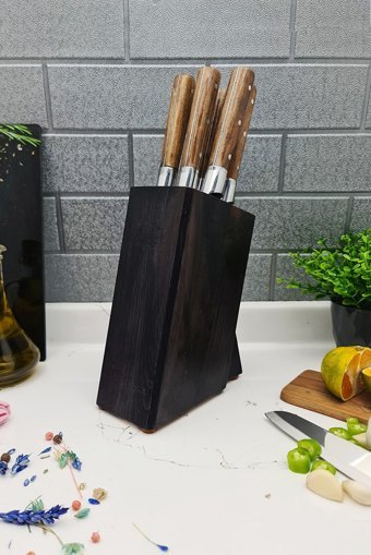 LAZBİSA Mutfak Bıçak Seti Standı Stant Takozu Ahşap Bıçaklık Estetik Doğal Damarlı
