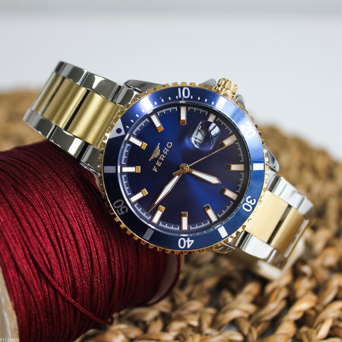Ferro F11238D3 Takvimli 42 mm Altın-Çelik Kordon Analog Erkek Kol Saati