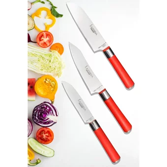 Lazbisa Red Mini Pro Mutfak Bıçak Seti Günlük Kullanım 3 Parça Et Ekmek Şef Sebze Meyve Soğan Börek Bıçağı