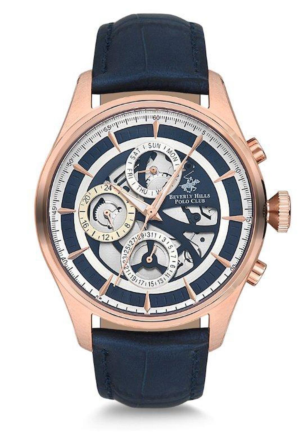 Beverly Hills Polo Club BH909703 Takvimli 46 mm Lacivert Deri Kordon Analog Erkek Kol Saati