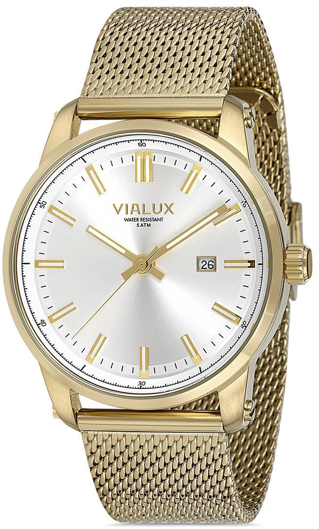 Vialux AS526G-02SG Takvimli 42.5 mm Altın Çelik Kordon Analog Kol Saati