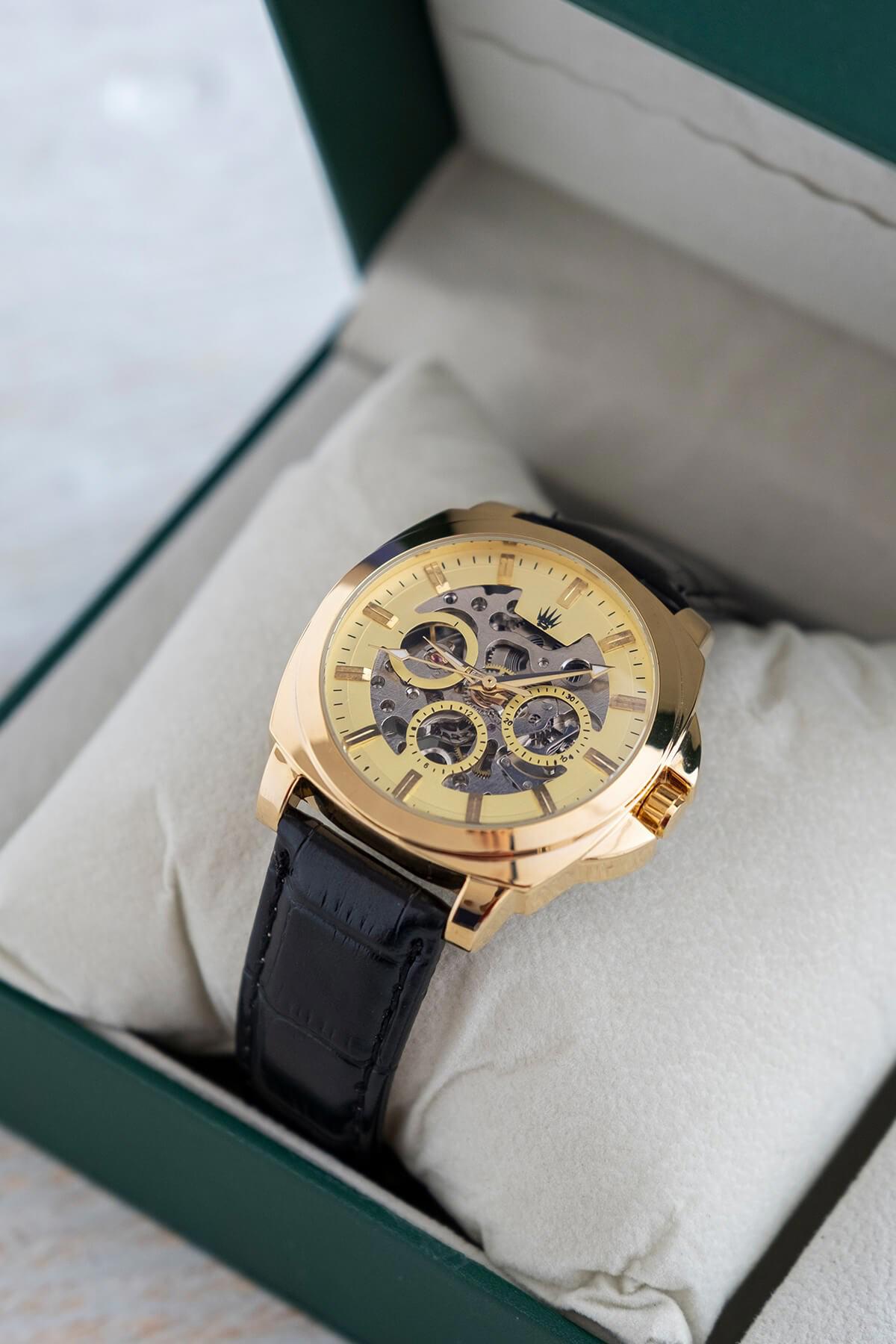 Watchofroyal Luminor Pusulalı Takvimli 42 mm Siyah Deri Kordon Analog Kol Saati