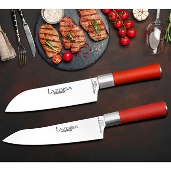 Lazbisa Mutfak Bıçak Seti Et Kemik Sebze Meyve Şef Bıçağı Santaku Red Craft Serisi 2li Set