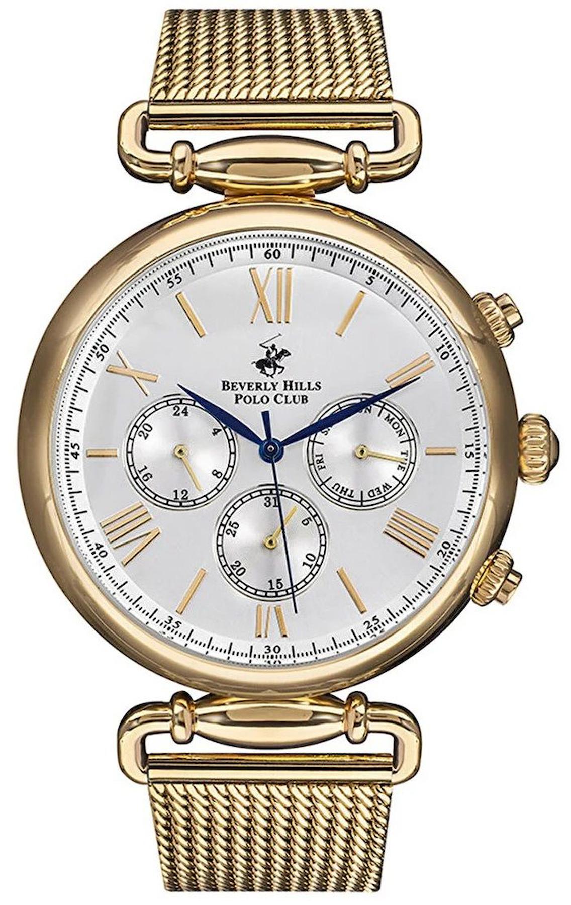 Beverly Hills Polo Club SWBP3146X130 Takvimli 46 mm Altın Çelik-Hasır Kordon Analog Erkek Kol Saati