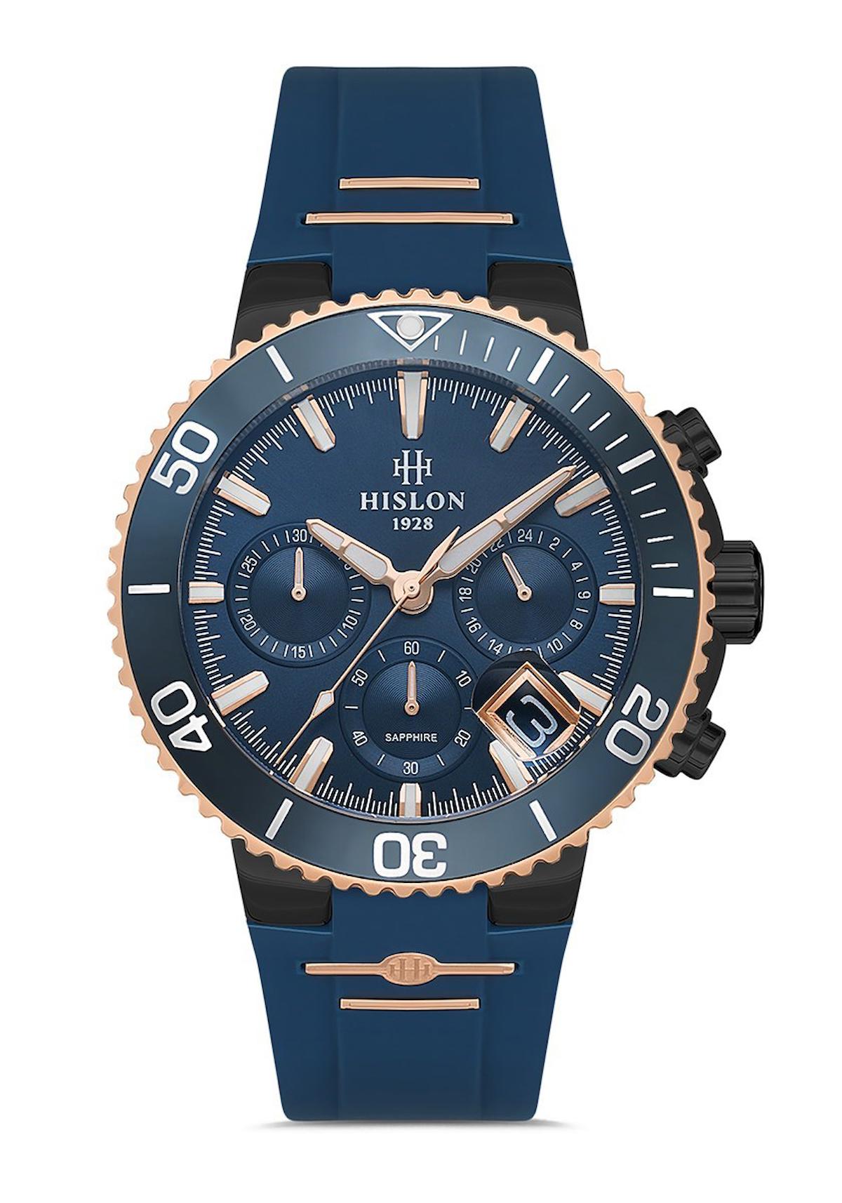 Hislon MS147T-11MR Pusulalı Takvimli 43 mm Lacivert Silikon Kordon Analog Erkek Kol Saati