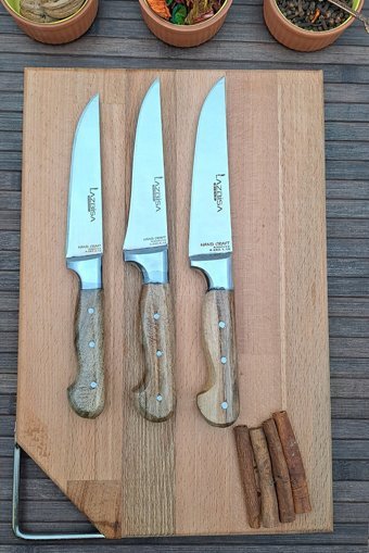 LAZBİSA Sürmene 3'lü Bıçak Seti Ve Ahşap Kesme Salata Tahtası 4 Parça Çeyiz Seti