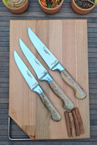 LAZBİSA Sürmene 3'lü Bıçak Seti Ve Ahşap Kesme Salata Tahtası 4 Parça Çeyiz Seti