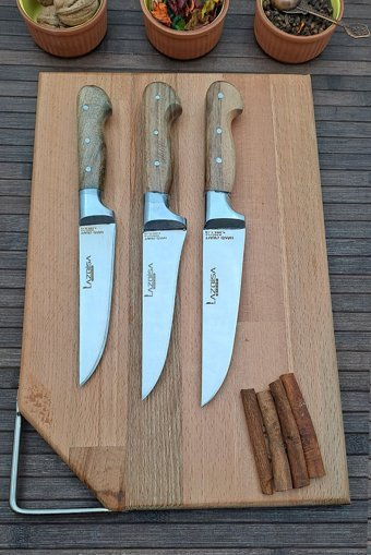 LAZBİSA Sürmene 3'lü Bıçak Seti Ve Ahşap Kesme Salata Tahtası 4 Parça Çeyiz Seti
