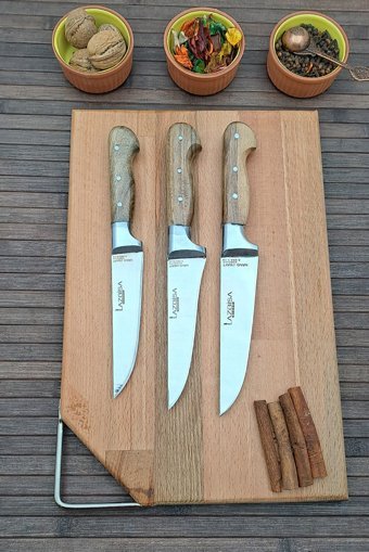 LAZBİSA Sürmene 3'lü Bıçak Seti Ve Ahşap Kesme Salata Tahtası 4 Parça Çeyiz Seti