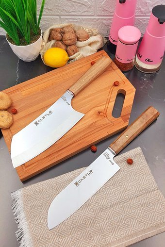 CASTLE KITCHEN Mutfak Bıçak Seti 2 Parça Şef Bıçağı Satır Doğrama Et Tavuk Balık Kıyma Pide Kesici Elite Serisi