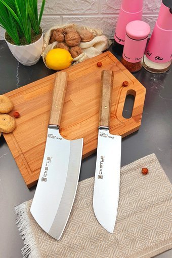 CASTLE KITCHEN Mutfak Bıçak Seti 2 Parça Şef Bıçağı Satır Doğrama Et Tavuk Balık Kıyma Pide Kesici Elite Serisi