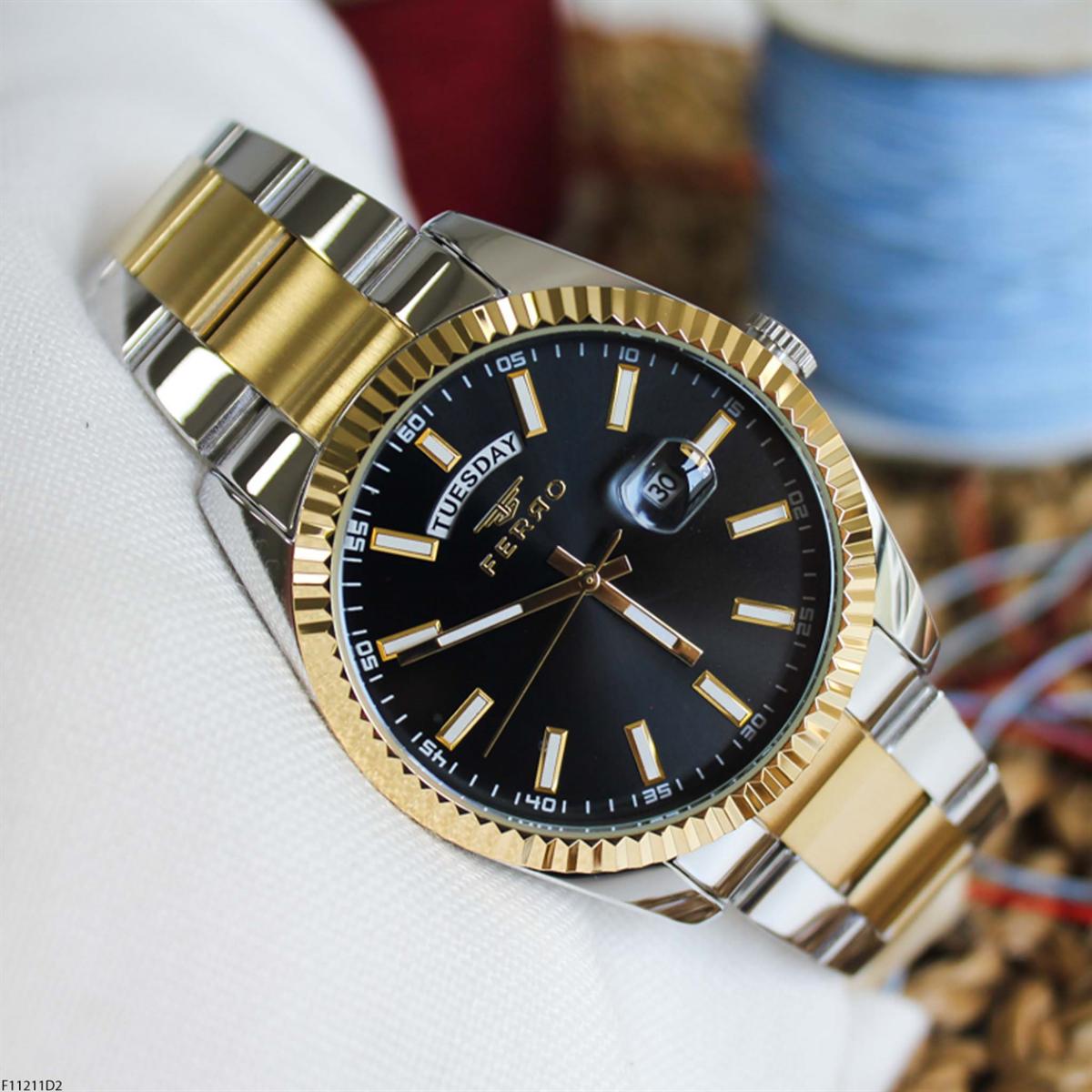 Ferro F11211D2 Takvimli 41 mm Altın-Çelik Kordon Analog Erkek Kol Saati