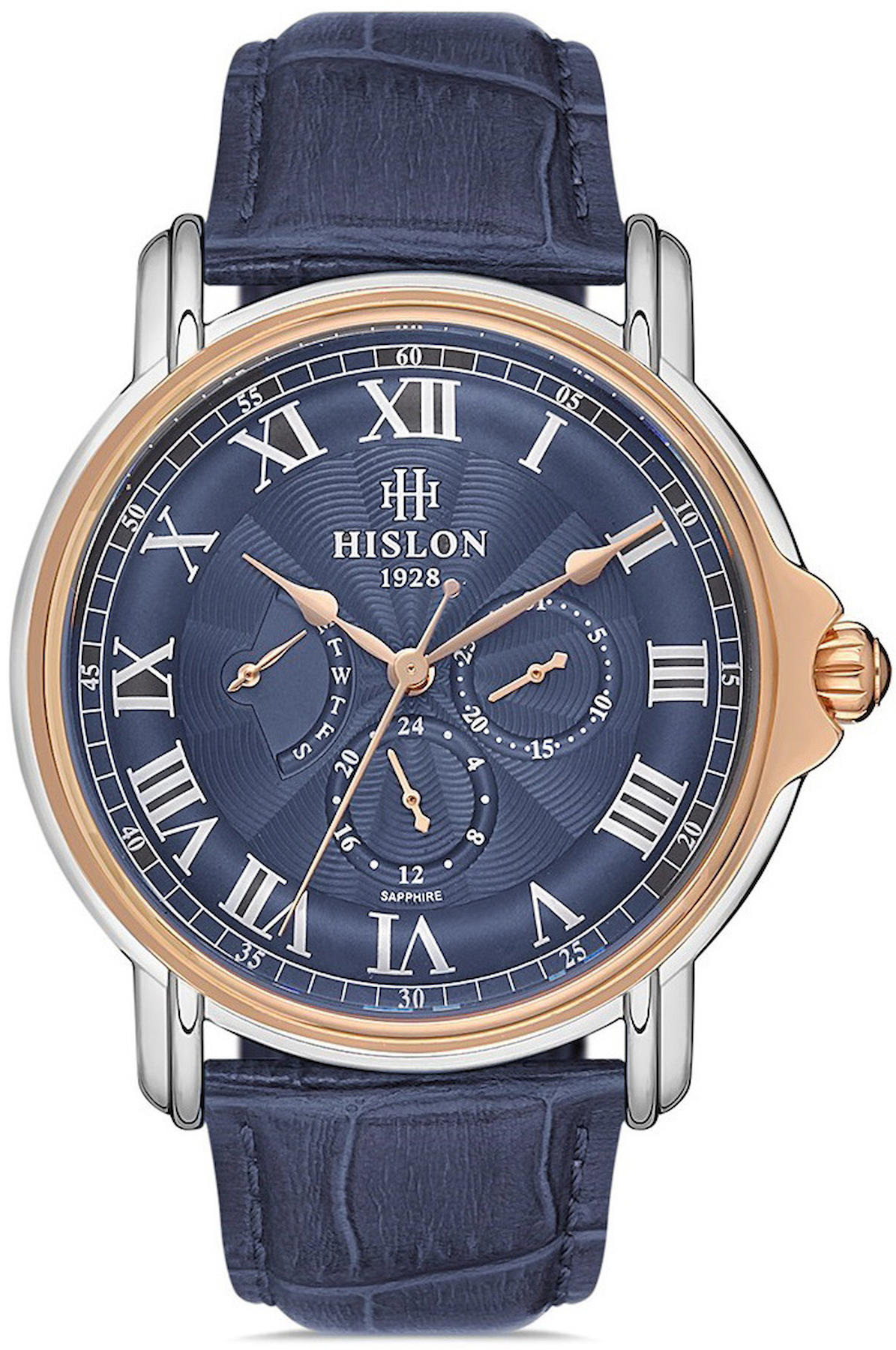 Hislon HİSLON DT112T-11NR Pusulalı Takvimli 44 mm Mavi Deri Kordon Analog Kol Saati
