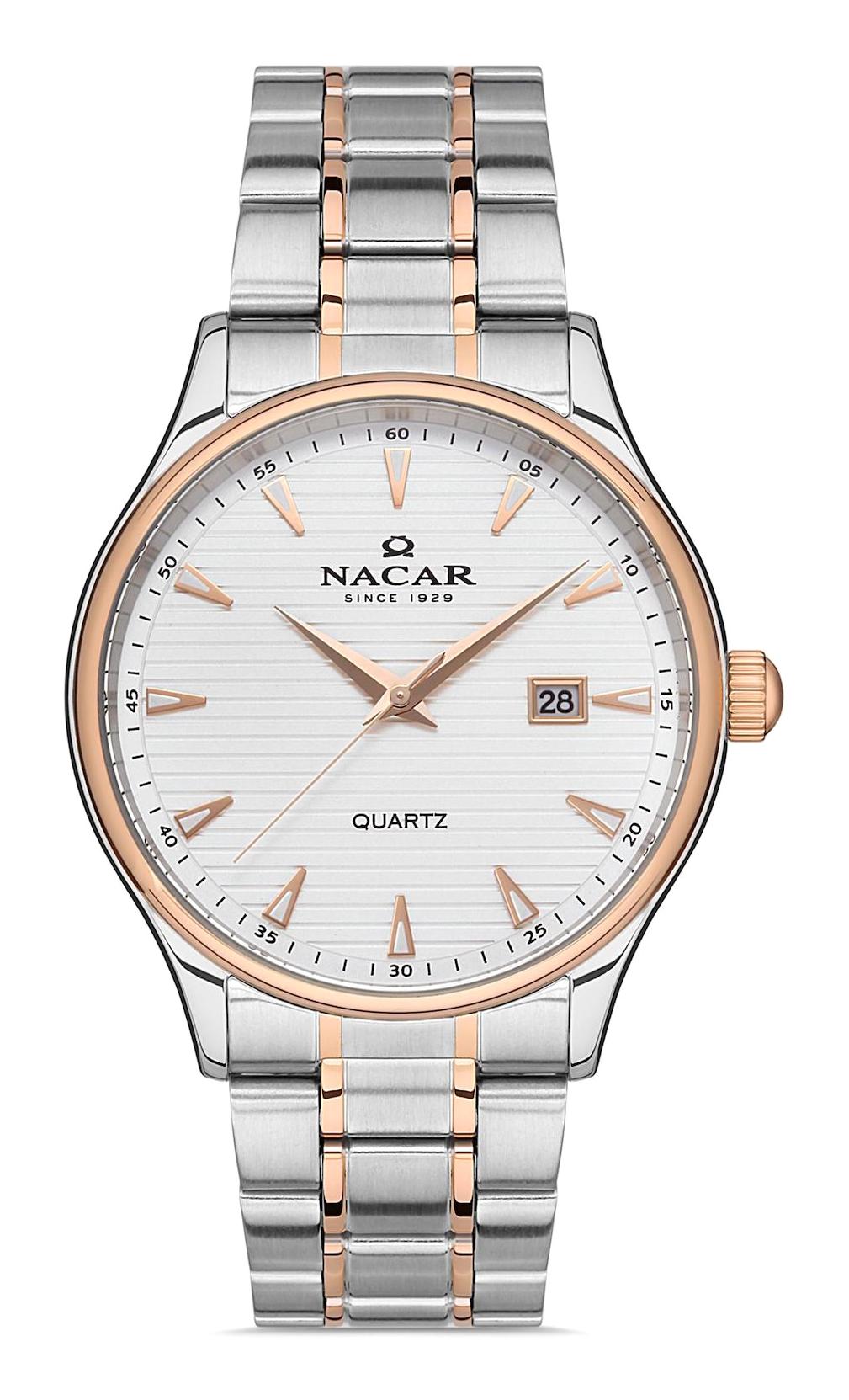 Nacar 35290045EWM Takvimli 44 mm Gri-Rose Gold Çelik Kordon Analog Kol Saati