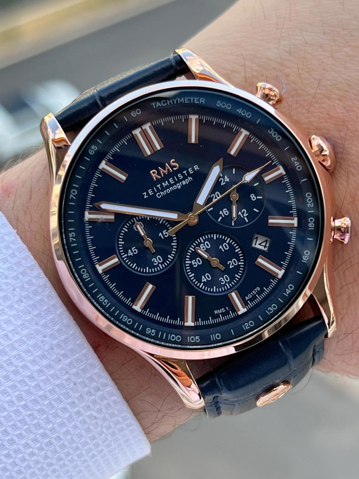 Romanson AG1578.08 Takvimli 50 mm Lacivert Deri Kordon Analog Erkek Kol Saati