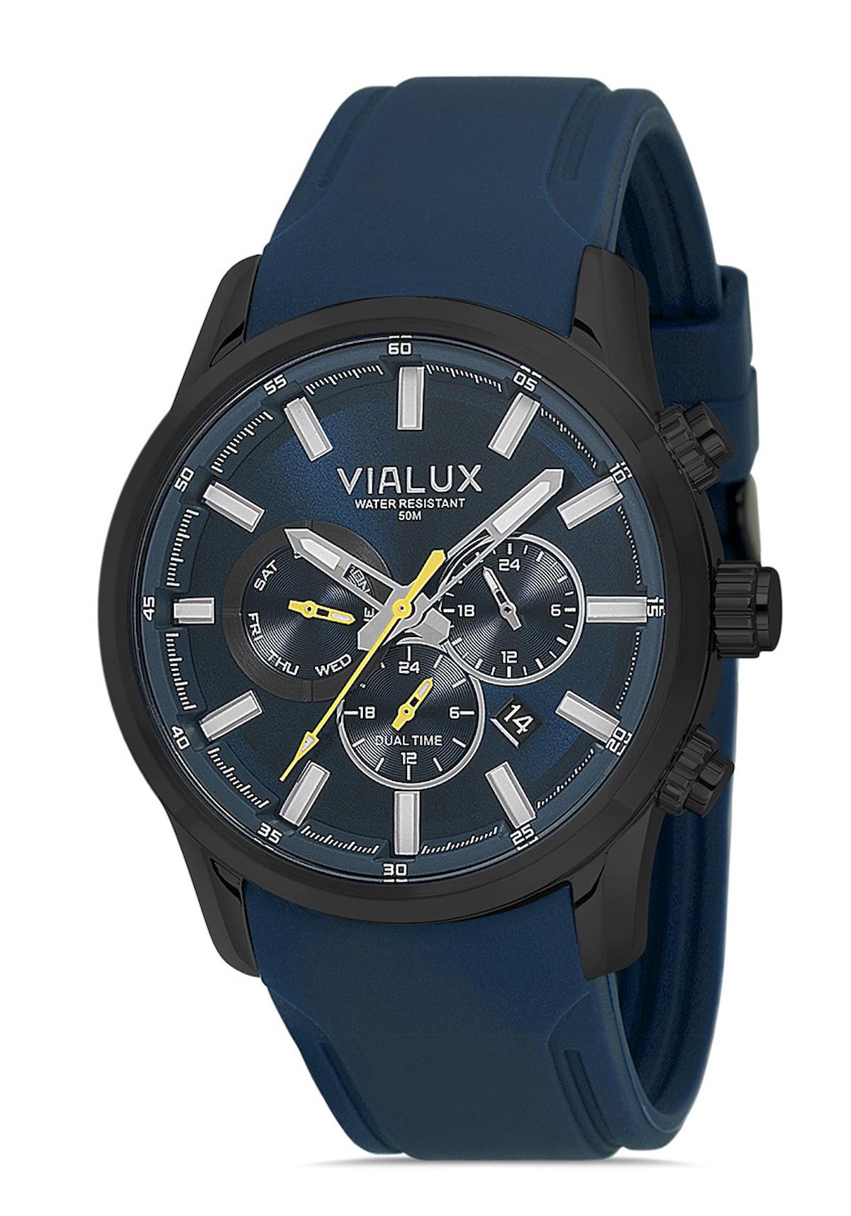 Vialux VX577N-11MN Takvimli 45 mm Lacivert Silikon Kordon Analog Erkek Kol Saati