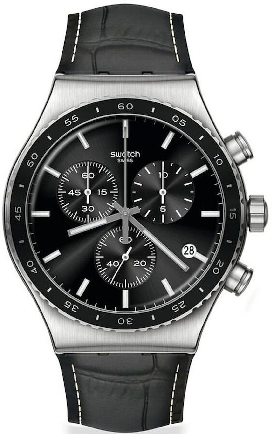 Swatch YVS495 Takvimli 44 mm Siyah Deri Kordon Analog Erkek Kol Saati