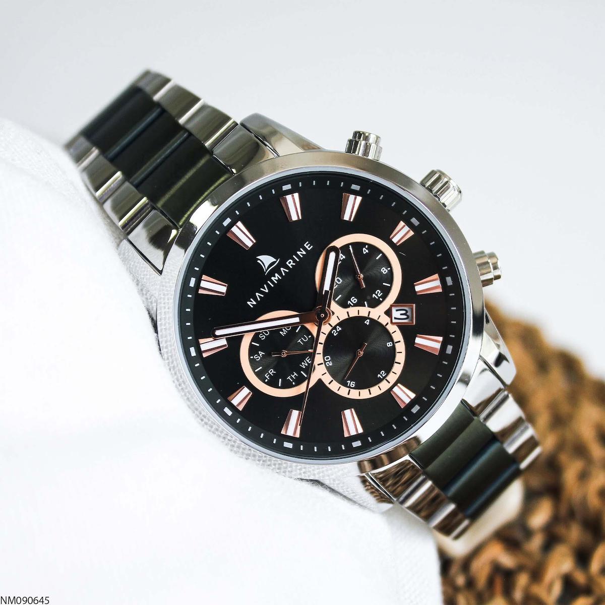 Navimarine NM090645 Takvimli 44 mm Gri-Siyah Çelik Kordon Analog Erkek Kol Saati