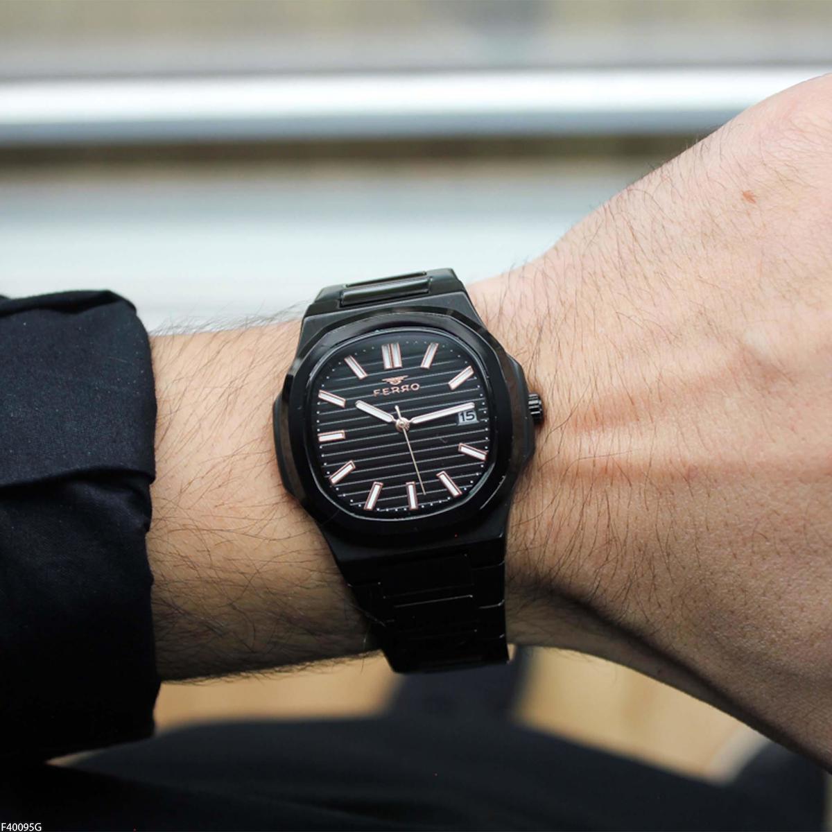 Ferro F40095G Takvimli 40 mm Siyah Çelik Kordon Analog Erkek Kol Saati