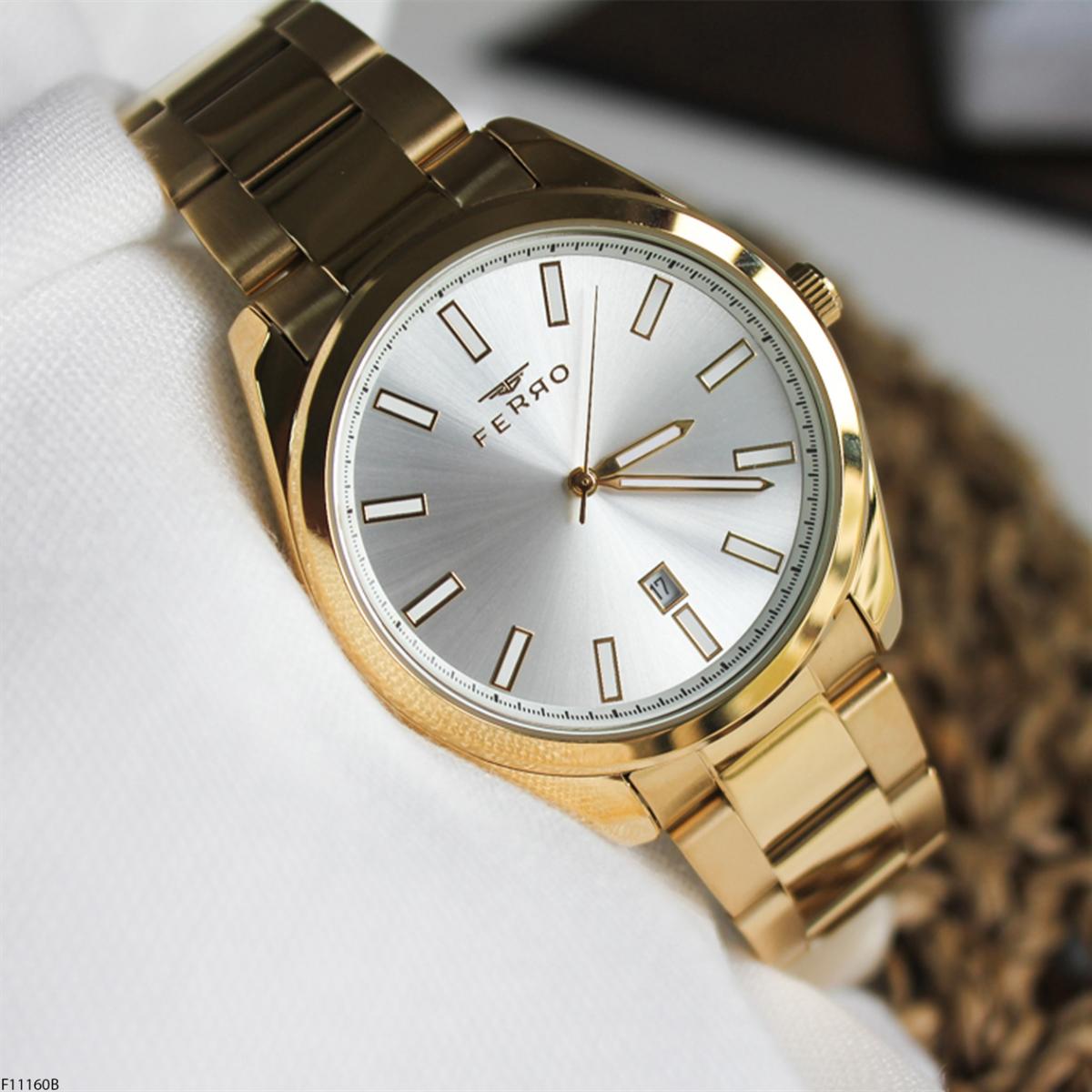 Ferro F11160B Takvimli 41 mm Altın Metal Kordon Analog Erkek Kol Saati