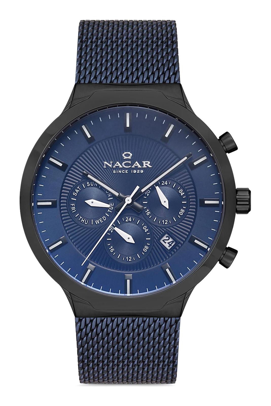 Nacar 34290507BLM Takvimli 44 mm Lacivert Çelik Kordon Analog Kol Saati