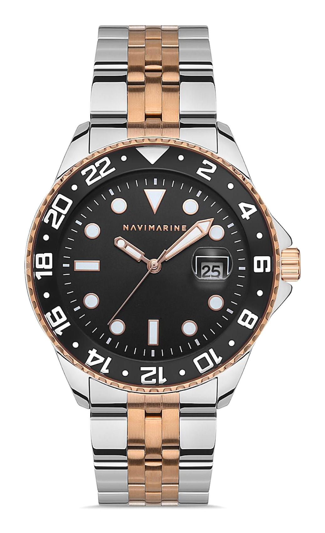 Navimarine NM091-05 Takvimli 45 mm Gri-Rose Gold Çelik Kordon Analog Erkek Kol Saati
