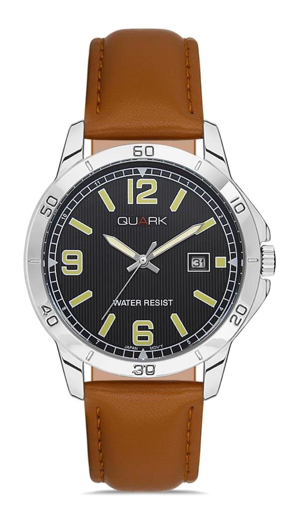 Quark QM-V004L-1B2 Takvimli 41 mm Kahverengi Deri Kordon Analog Erkek Kol Saati