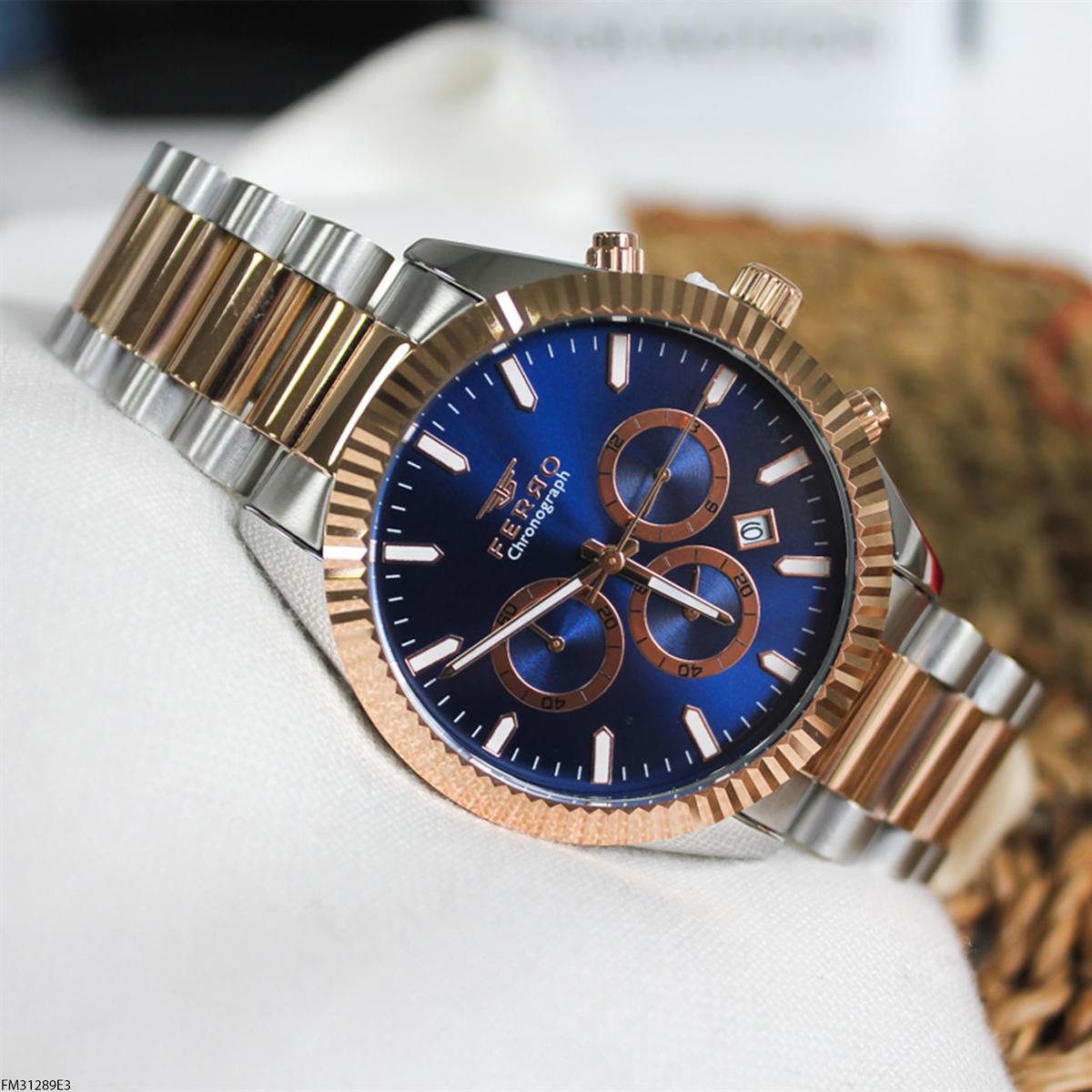 Ferro FM31289E3 Takvimli 43 mm Gri-Rose Gold Çelik Kordon Analog Erkek Kol Saati