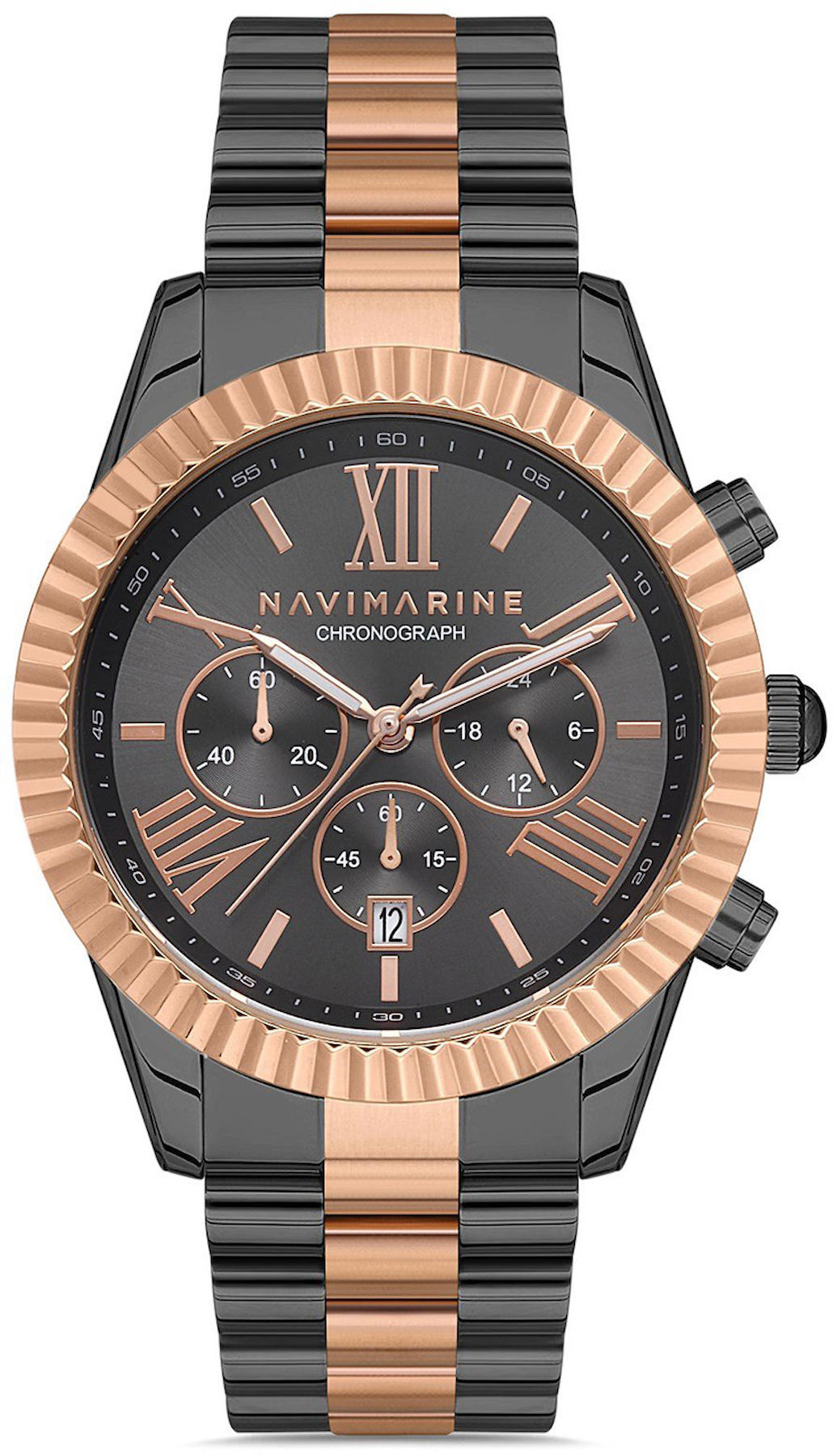Navimarine MARINE002-05 Takvimli 42 mm Rose Gold-Siyah Çelik Kordon Analog Kol Saati
