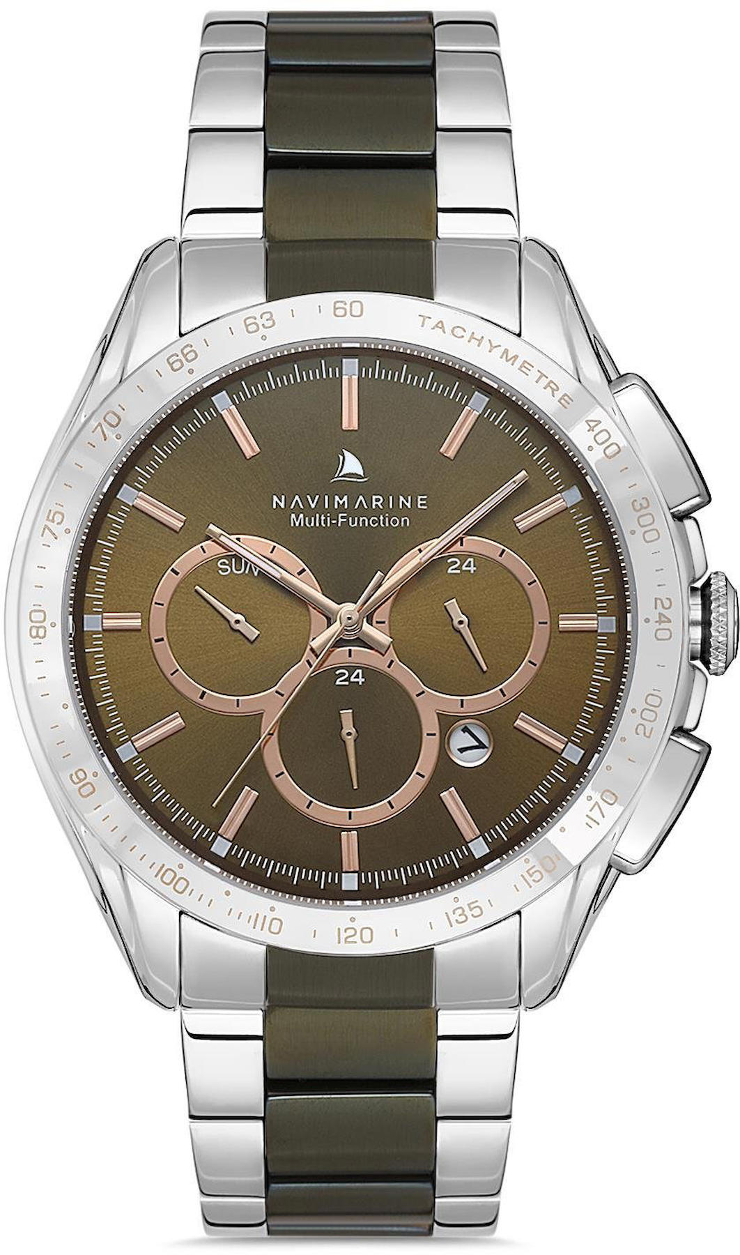 Navimarine NVM67-ZM10 Takvimli 46 mm Gri-Kahverengi Çelik Kordon Analog Kol Saati