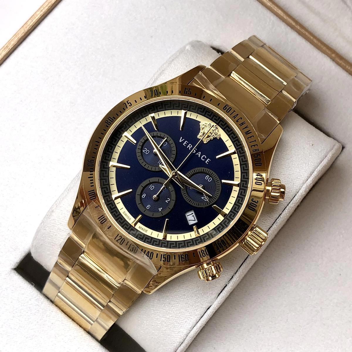 Versace VRSCVEV700621 Takvimli 44 mm Altın Çelik Kordon Analog Erkek Kol Saati