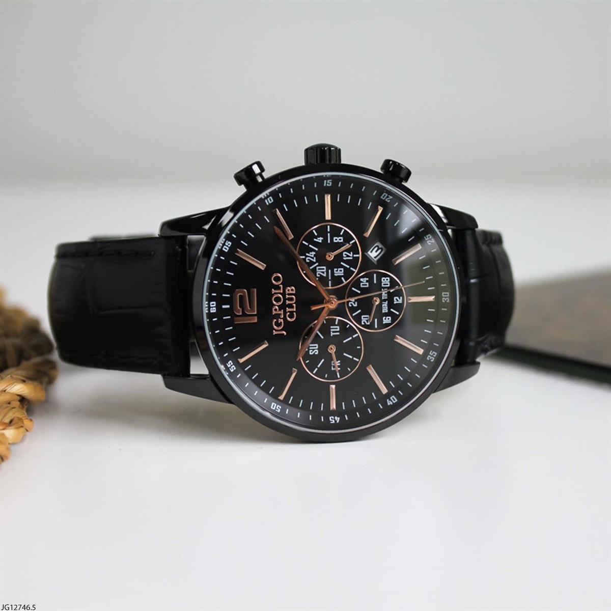 Jg. Polo Club JG12746.5 Takvimli 45 mm Siyah Deri Kordon Analog Erkek Kol Saati