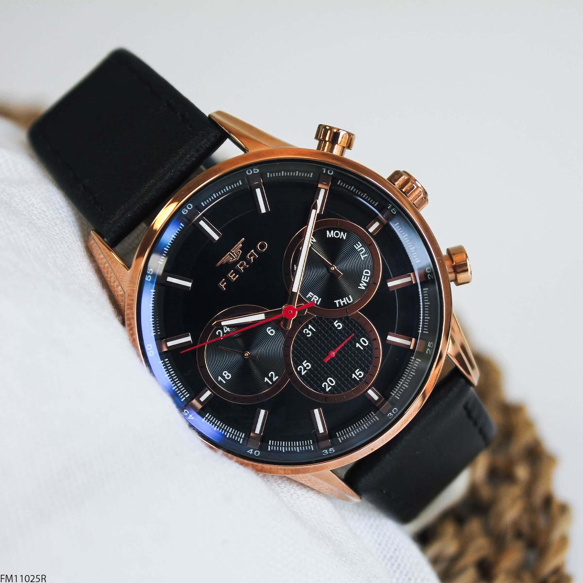 Ferro FM11025R Takvimli 45 mm Siyah Deri Kordon Analog Erkek Kol Saati