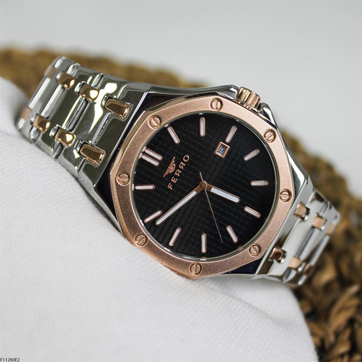 Ferro F11290E2 Takvimli 42 mm Gri-Rose Gold Çelik Kordon Analog Erkek Kol Saati