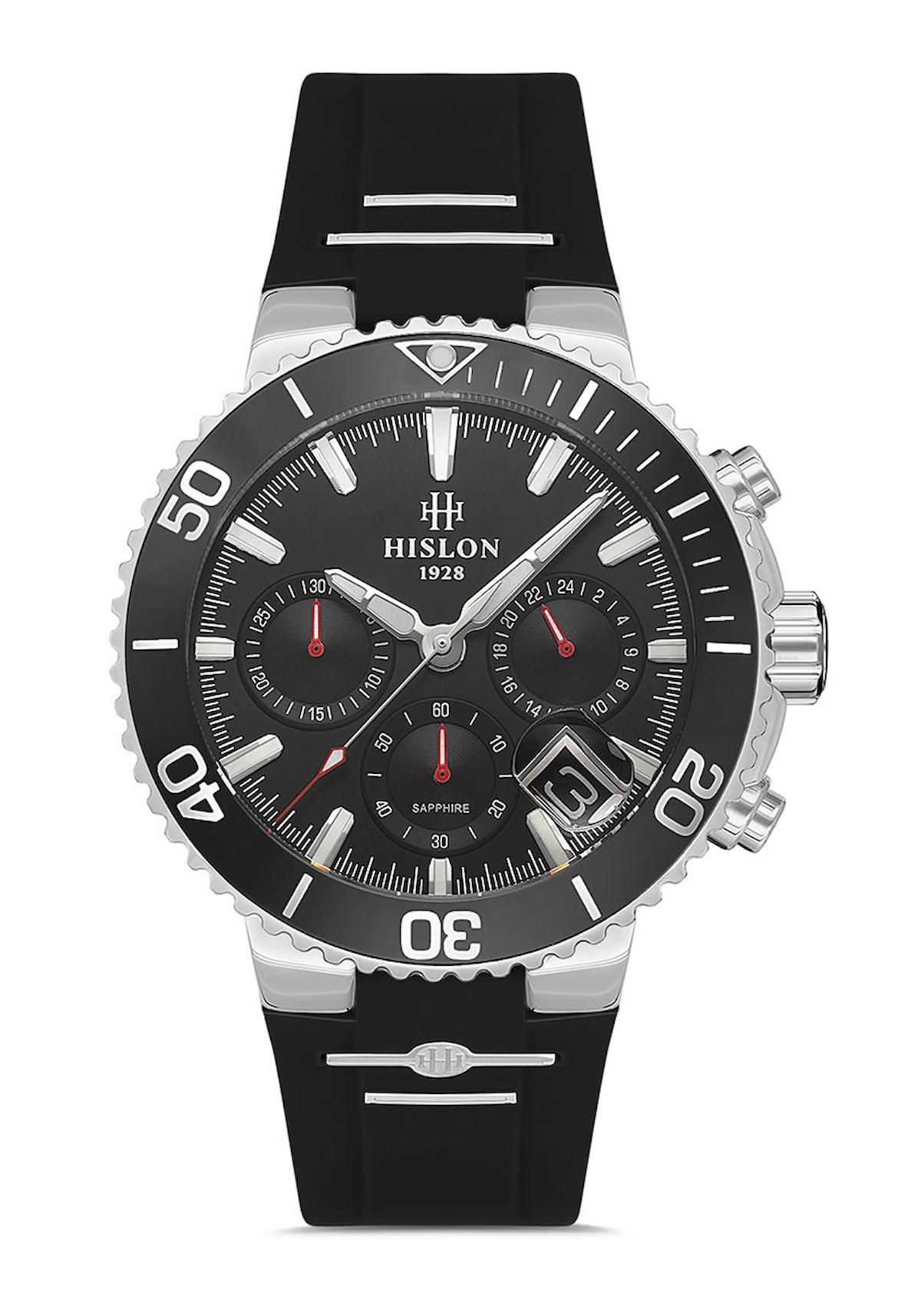 Hislon MS147T-04BS Pusulalı Takvimli 43 mm Siyah Silikon Kordon Analog Erkek Kol Saati