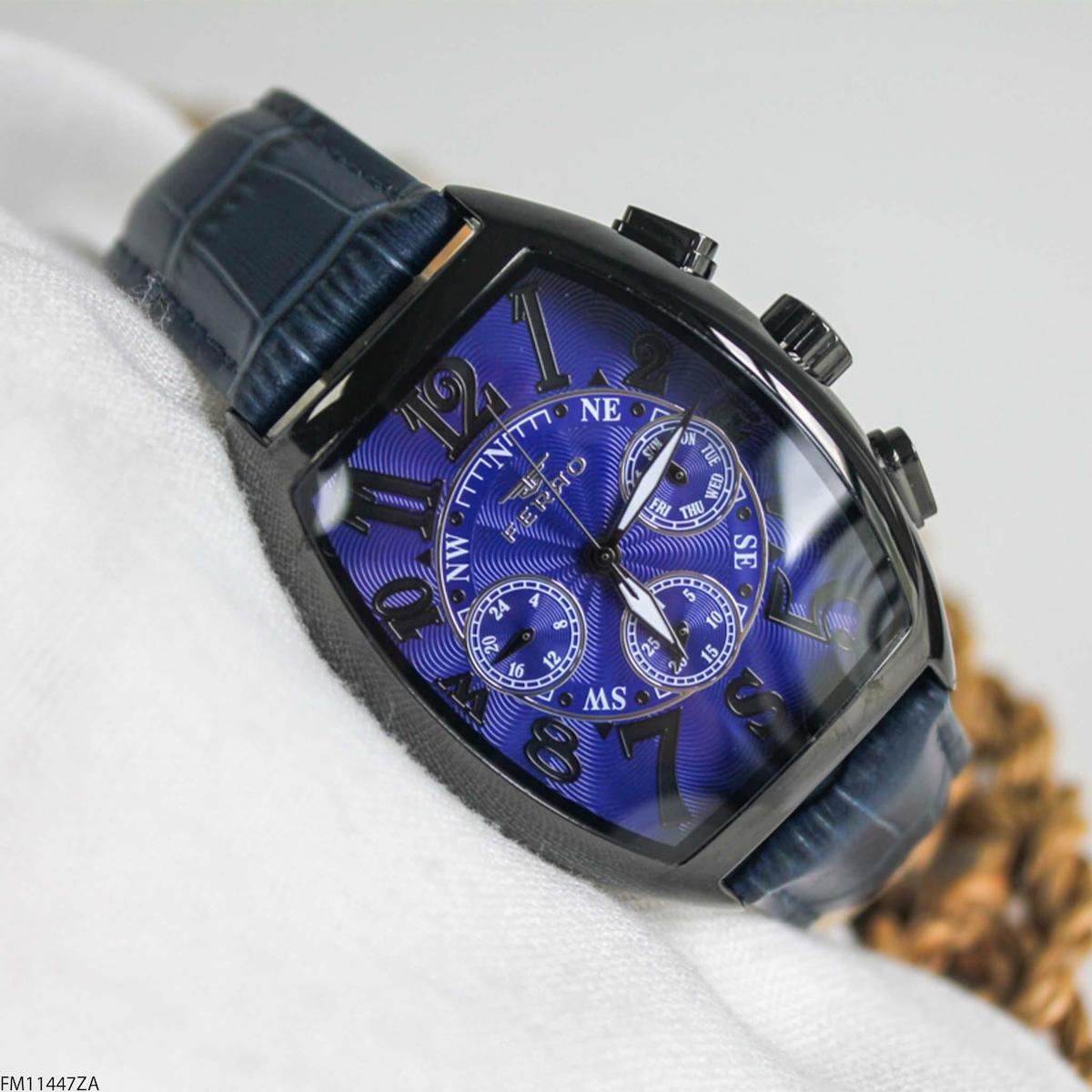 Ferro FM11447ZA Takvimli 42 mm Lacivert Deri Kordon Analog Erkek Kol Saati