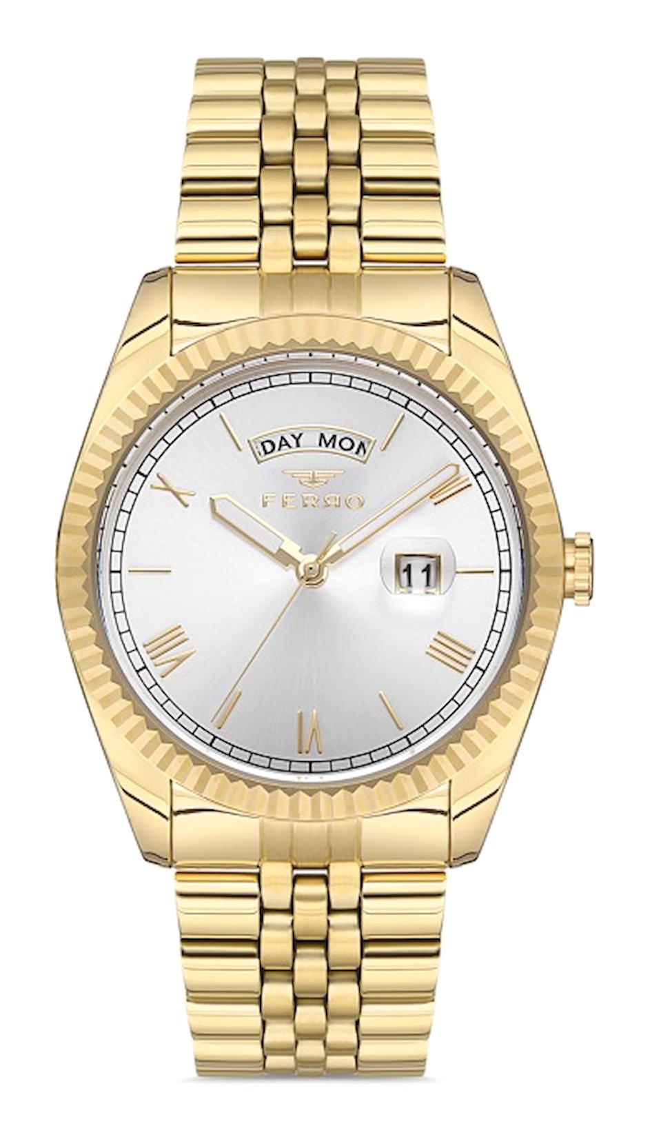 Ferro F11130A-B Takvimli 40 mm Altın Metal Kordon Analog Erkek Kol Saati