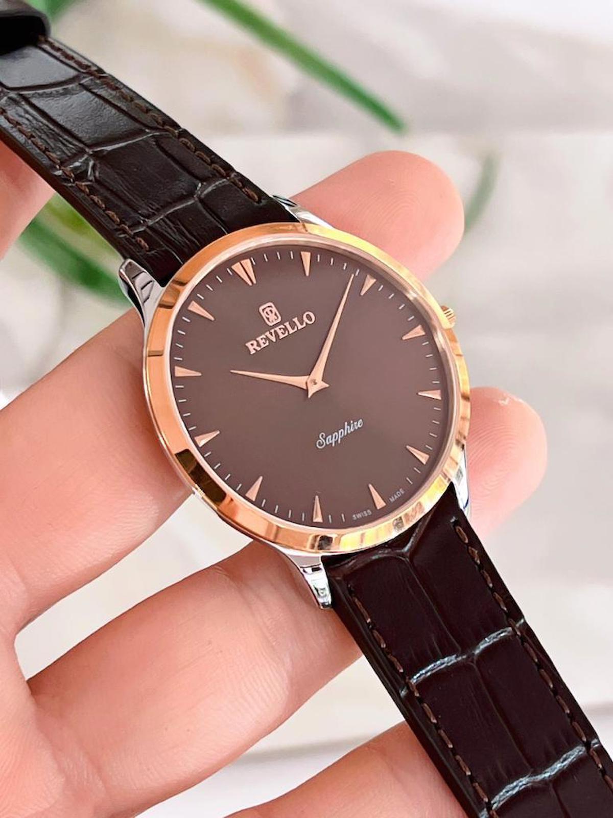 Revello RV.1.12.12 Takvimli 46 mm Kahverengi Deri Kordon Analog Erkek Kol Saati
